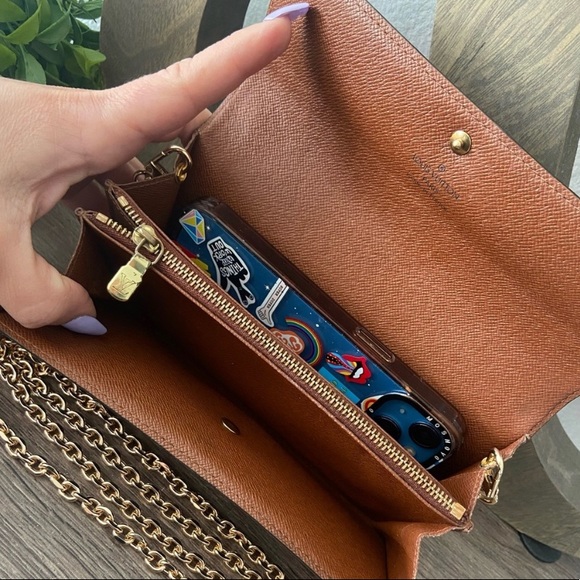 ⚜️Louis Vuitton Monogram Pochette Wallet Crossbody Chain + Vachetta Strap WOC - Picture 11 of 15